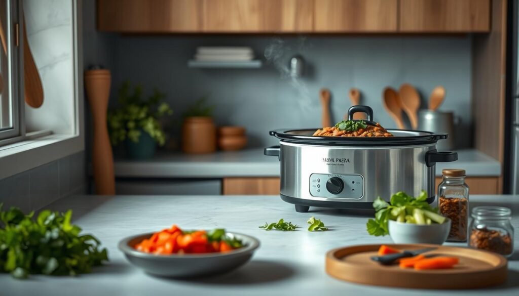 A cozy, minimalist kitchen with wooden textures and light blue accents showcases a slow cooker filled with a Mexican-inspired meal, the rich aromas wafting through the air. Fresh herbs, chopped vegetables, and spices artfully arranged on the countertop suggest the easy, hands-free prep process. The scene captures the 