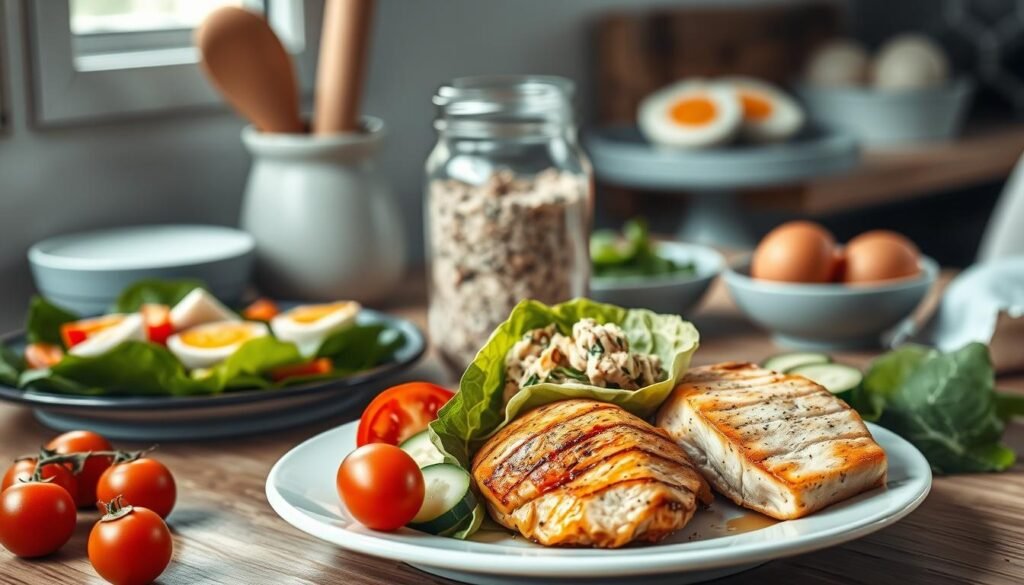 A cozy, minimalist kitchen with wooden textures and light blue accents showcases a variety of protein-packed lunch options. In the foreground, a plate displays grilled chicken breast, tuna salad in a lettuce wrap, and baked salmon fillets. Fresh vegetables like cherry tomatoes, cucumber slices, and baby spinach surround the main dishes. The mid-ground features a mason jar filled with overnight oats and chia seeds, complemented by a small bowl of hard-boiled eggs. The background softly fades, highlighting the natural lighting and serene atmosphere, encouraging a mindful and nourishing midday meal.