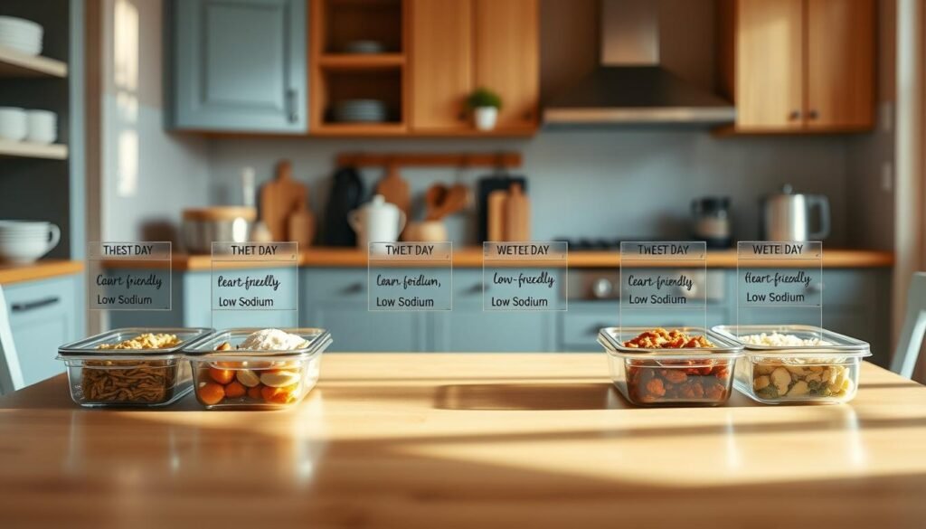 A cozy, minimalist kitchen with wooden textures and light blue accents showcases a weekly meal prep schedule. The countertop displays neatly organized containers, each labeled with the day of the week, containing carefully portioned, heart-friendly, low-sodium meals. The tabletop is clear, allowing the focus to remain on the meal plan. Warm, directional lighting casts a soft glow, creating an atmosphere of organization and intentionality. The scene conveys a sense of control and mindfulness around meal preparation, reflecting the article's focus on planning a healthy weekly routine.