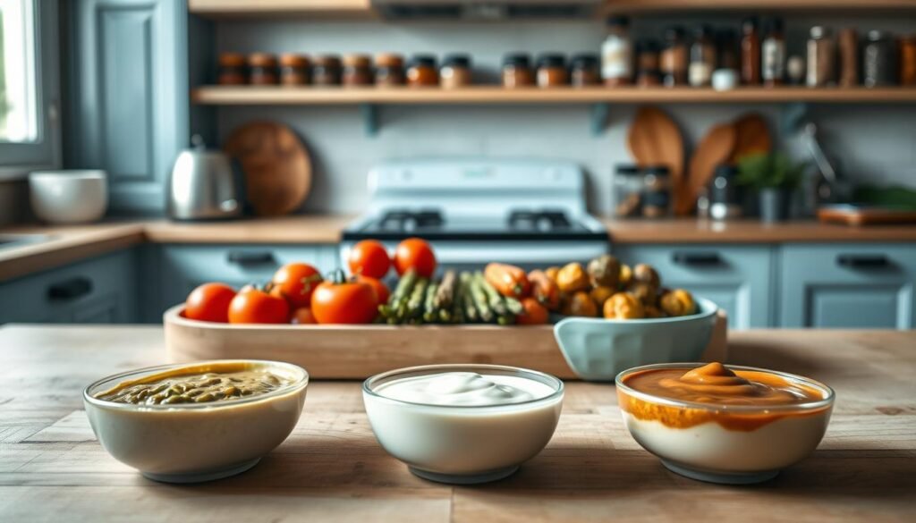 A cozy, minimalist kitchen with wooden textures and light blue accents showcases an array of sauce pairings for roasted vegetables and proteins. In the foreground, various sauces - vibrant pesto, creamy bearnaise, tangy chimichurri, and rich gravy - are elegantly presented in small bowls, inviting experimentation. In the middle ground, a selection of roasted vegetables - juicy tomatoes, tender asparagus, and caramelized brussels sprouts - stand ready to be dressed. The background features neatly arranged jars of spices, herbs, and other pantry staples, hinting at the flavorful potential of these sauce-vegetable combinations. The scene is illuminated by soft, natural lighting, capturing the warmth and simplicity of this cozy culinary haven.