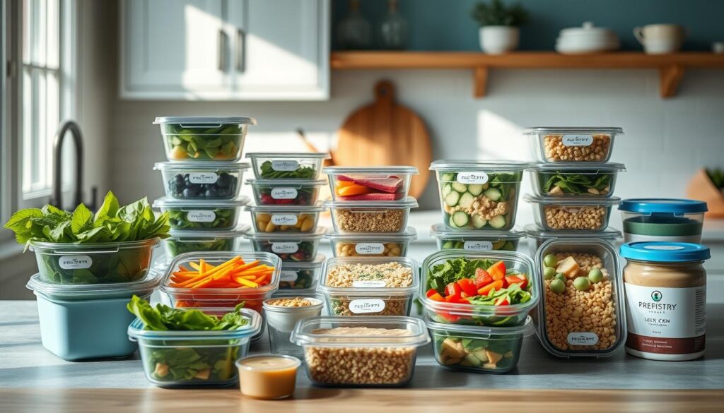 A cozy, minimalist kitchen with wooden textures and light blue accents showcases an array of vegan meal prep containers. Prepistry brand containers in various shapes and sizes hold an assortment of vibrant ingredients - leafy greens, colorful vegetables, hearty grains, and creamy sauces. The containers are arranged in a visually appealing mix-and-match display, inviting the viewer to envision customizable vegan lunches and snacks. Natural lighting filters in, casting a warm glow over the scene and highlighting the fresh, nutritious options. The overall mood is one of organization, creativity, and a invitation to explore delicious, balanced vegan meals.