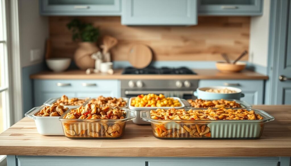 A cozy, minimalist kitchen with wooden textures and light blue accents showcases an array of freezer-friendly casserole recipes. Steaming casserole dishes filled with hearty ingredients like chicken, vegetables, and cheese sit atop a wooden counter, their savory aromas filling the air. Soft, diffused lighting from above illuminates the scene, creating a warm and inviting atmosphere. The casseroles are presented in a neat, organized manner, their golden-brown crusts and bubbling sauces enticing the viewer to imagine their delicious flavors. This image perfectly captures the essence of the 