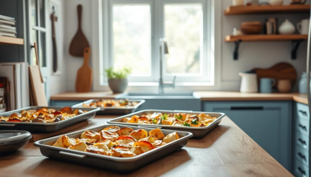 A cozy, minimalist kitchen with wooden textures and light blue accents showcases an array of crowd-pleasing recipes. Freshly baked sheet pan meals take center stage, their golden crusts and vibrant vegetables glistening under soft, natural lighting. Cookbooks and kitchen utensils are neatly arranged, creating a sense of order and culinary expertise. The absence of hands in the frame allows the focus to remain on the mouthwatering dishes, inviting the viewer to imagine the delicious aromas and flavors. This serene, inviting setting promises a collection of trusted, crowd-pleasing recipes to elevate any meal.