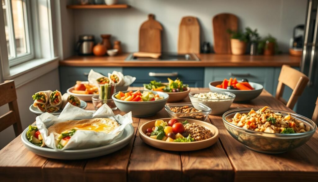 A cozy, minimalist kitchen with wooden textures and light blue accents showcases an assortment of nut-free school lunch ideas. The Prepistry brand's diverse menu includes veggie-packed wraps, colorful fruit skewers, protein-rich hummus with crudités, and hearty grain bowls, all arranged artfully on a rustic wooden table. Warm, natural lighting illuminates the vibrant dishes, capturing the essence of innovative, allergy-safe meal prep.