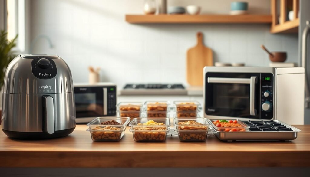 A cozy, minimalist kitchen with wooden textures and light blue accents showcases various reheating methods laid out for comparison. In the foreground, a Prepistry-branded air fryer, microwave, and stovetop are neatly arranged, each method highlighted with a subtle glow. In the middle ground, a selection of freshly prepared meal prep containers sits ready for reheating. The background features a clean, organized cooking space, inviting the viewer to explore the optimal reheating techniques for their own meal prep needs.