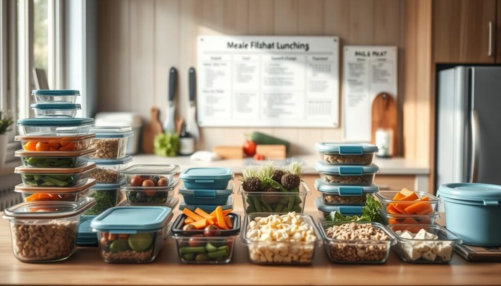A cozy, minimalist kitchen with wooden textures and light blue accents showcases various meal prep strategies. In the foreground, an array of glass containers, insulated lunch boxes, and reusable utensils sit neatly organized. The middle ground features chopped vegetables, grains, and proteins, ready for assembly. The background depicts a simple meal planning board, outlining balanced recipes and portion sizes. Soft, natural lighting illuminates the scene, creating a calming, efficient atmosphere for busy professionals and families to plan their healthy, no-heat lunchbox meals.