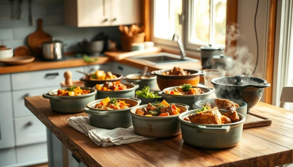 A cozy, minimalist kitchen with wooden textures and light blue accents, showcasing a hearty, steam-rising assortment of comforting dinner recipes. Rustic stoneware dishes filled with fragrant, slow-simmered stews, roasted root vegetables, and tender, braised meats sit atop a wooden table, bathed in warm, natural lighting from a large window. The scene evokes a sense of nourishment and satisfaction, perfect for an after-work meal that warms the soul.