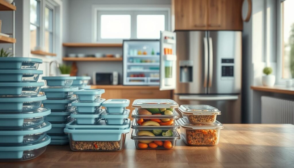 A cozy, minimalist kitchen with wooden textures and light blue accents, showcasing an array of efficient meal storage solutions. In the foreground, neatly stacked glass containers and reusable lunch boxes in various sizes. In the middle ground, a stainless steel refrigerator and freezer, their doors ajar to reveal well-organized shelves of labeled, portioned meals. The background features sleek stainless steel appliances and a clean, uncluttered countertop, creating a harmonious and functional workspace. Soft, natural lighting from large windows casts a warm, inviting glow throughout the scene, emphasizing the importance of temperature-controlled storage for food safety and meal prep.