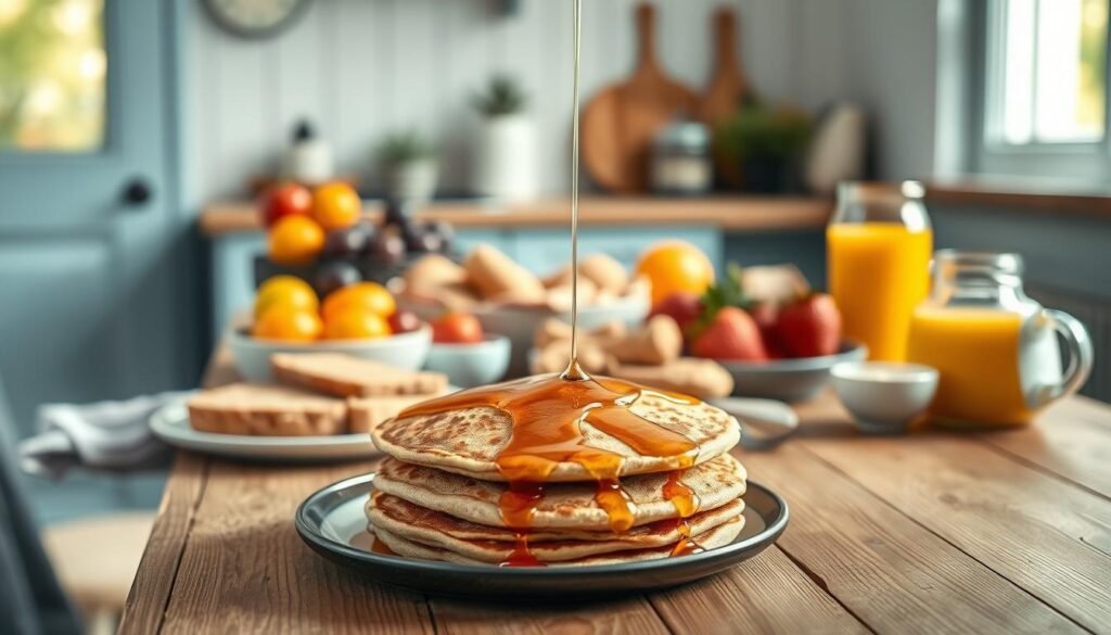 A cozy, minimalist kitchen with wooden textures and light blue accents. A balanced breakfast spread is laid out on a rustic wooden table, including fresh fruits, whole grain toast, eggs, and a glass of orange juice. Soft, natural lighting illuminates the scene, highlighting the vibrant colors and inviting textures. In the foreground, a stack of whole grain pancakes drizzled with maple syrup takes center stage, symbolizing the health benefits of a low-sugar breakfast. The overall mood is warm, wholesome, and rejuvenating, reflecting the positive impact of a nutritious morning meal.