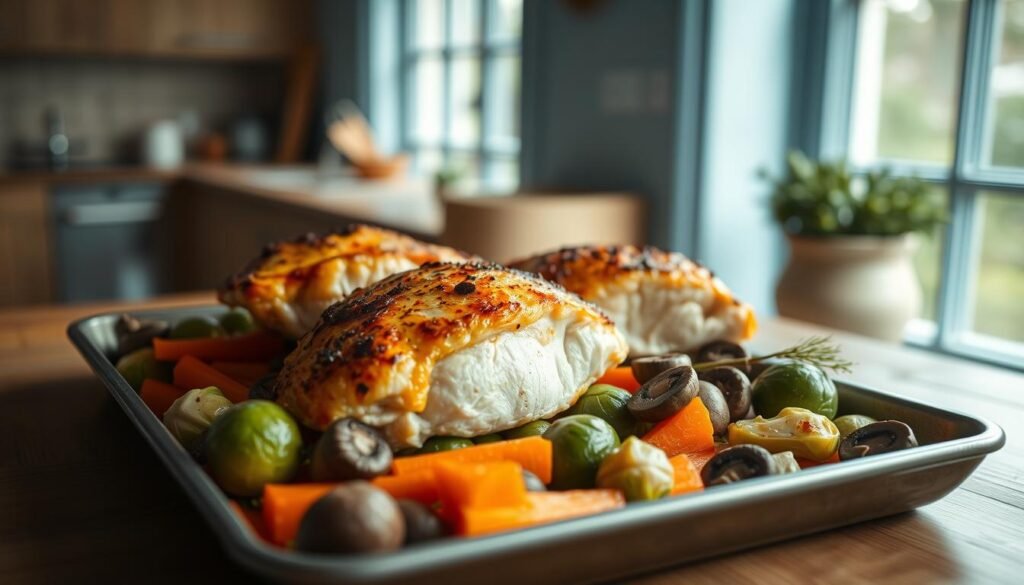 A cozy, minimalist kitchen with wooden textures and light blue accents. A sheet pan filled with roasted vegetables - vibrant carrots, tender Brussels sprouts, and earthy mushrooms - arranged artfully. Atop the vegetables, succulent chicken thighs or juicy salmon filets seared to perfection, their golden hues contrasting beautifully. Soft, natural lighting from large windows casts a warm glow, highlighting the textures and colors. The overall scene emanates a sense of nourishment and wholesome simplicity, inviting the viewer to savor the delicious integration of protein and seasonal produce.