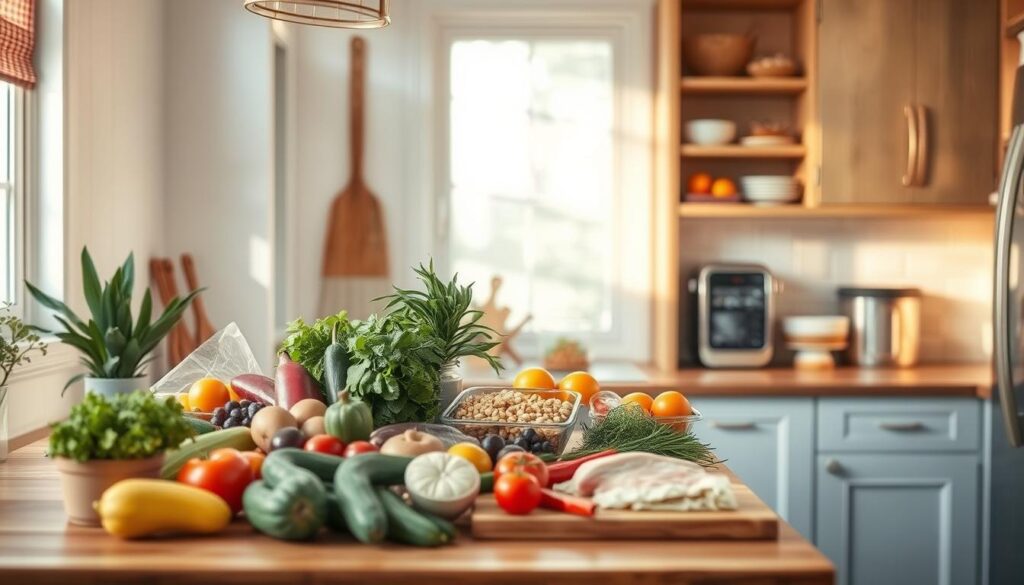 A cozy, minimalist kitchen with wooden textures and light blue accents. An array of fresh ingredients neatly arranged on the countertop, including colorful vegetables, whole grains, and lean proteins. Soft, warm lighting casts a gentle glow, creating a calming atmosphere. In the background, a neatly organized pantry and a sleek, stainless-steel appliance add subtle touches of modernity. The scene conveys a sense of effortless preparation, perfectly embodying the idea of 