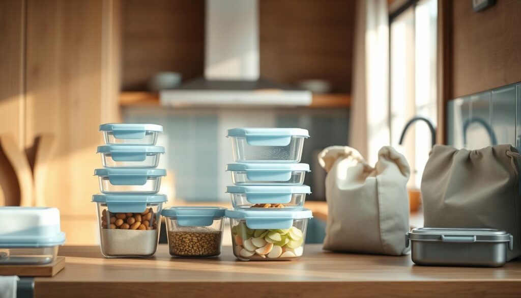 A cozy, minimalist kitchen with wooden textures and light blue accents. An array of sleek, stackable glass containers in various sizes sit neatly on the counter, their contents visible through the transparent lids. A few reusable cloth bags and bento-style lunch boxes are arranged nearby, complementing the overall tidy and organized look. The gentle natural lighting casts a warm glow, creating a sense of effortless efficiency and meal prep mastery.