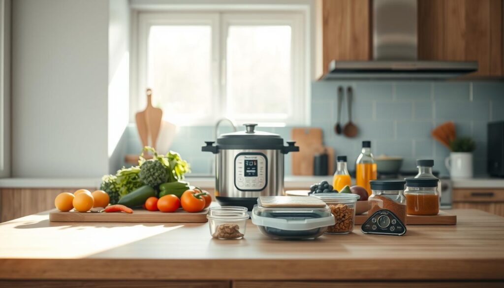 A cozy, minimalist kitchen with wooden textures and light blue accents. At the center, a modern pressure cooker sits atop a sleek kitchen counter, surrounded by essential ingredients for meal prep - fresh vegetables, spices, and cooking oils. Sunlight streams in through a nearby window, casting a warm glow over the scene. In the foreground, neatly organized containers, utensils, and a kitchen timer suggest a well-planned meal prep routine. The overall atmosphere is one of efficiency, organization, and the promise of delicious, home-cooked meals.