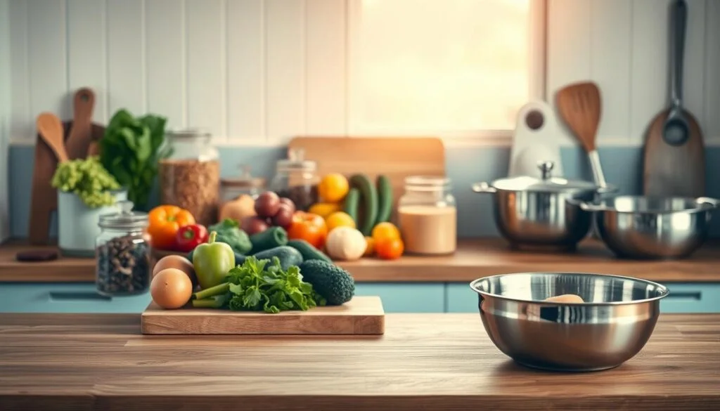 A cozy, minimalist kitchen with wooden textures and light blue accents. Atop a wooden countertop, an array of colorful ingredients and cookware are neatly organized: fresh produce, glass jars of spices, a cutting board, and stainless steel bowls. Soft, warm lighting from overhead casts a gentle glow, creating a calming atmosphere. The scene conveys a sense of intentional preparation, with everything in its place, ready for a productive weeknight meal-prepping session. No hands are visible, allowing the focus to remain on the carefully curated setup.