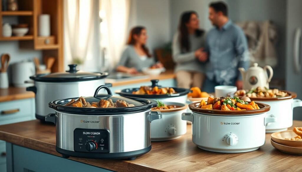 A cozy, minimalist kitchen with wooden textures and light blue accents. Atop a wooden kitchen counter, an array of slow cooker dishes - hearty stews, tender braised meats, and aromatic vegetable medleys. The slow cookers, in varying sizes, emit gentle plumes of steam, hinting at the comforting flavors within. The lighting is warm and inviting, casting a soft glow over the scene. In the background, a few family members linger, their expressions conveying the satisfaction of a nourishing, home-cooked meal. The overall atmosphere is one of effortless simplicity and the joy of shared sustenance.