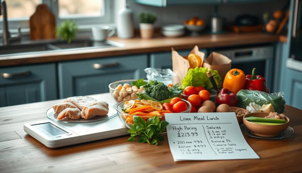 A cozy, minimalist kitchen with wooden textures and light blue accents. Atop a wooden table, an array of nutritious ingredients - lean protein, fresh produce, and healthy fats - arranged in an organized fashion, each portion carefully measured. A sleek digital scale provides precise calorie and macronutrient data, while a crisp, handwritten meal plan outlines a balanced, high-protein lunch schedule. The scene conveys a sense of thoughtful meal preparation and disciplined calorie management, guiding the viewer towards a path of sustained health and wellness.
