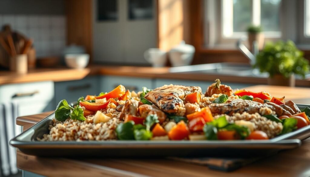 A cozy, minimalist kitchen with wooden textures and light blue accents. Crisp vegetables, savory proteins, and hearty grains are neatly arranged on a large sheet pan, exuding the effortless convenience of a sheet pan dinner. The warm, natural lighting casts a soft glow, highlighting the vibrant colors and textures of the ingredients. The scene conveys the benefits of sheet pan dinners - quick, easy, and packed with nutrition - perfectly suited for busy weeknights.