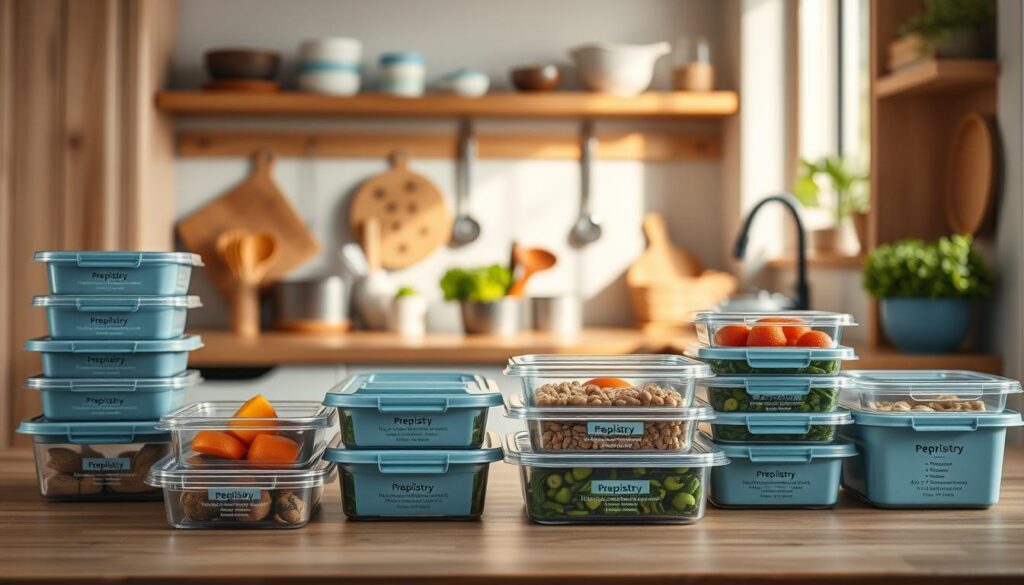 A cozy, minimalist kitchen with wooden textures and light blue accents. In the foreground, various meal prep containers from the "Prepistry" brand are neatly arranged, showcasing the benefits of batch cooking - convenience, portion control, and recovery nutrition for athletes. The middle ground features fresh produce, spices, and cooking utensils, hinting at the meal preparation process. The background is softly lit, creating a warm and inviting atmosphere that encourages healthy eating habits.