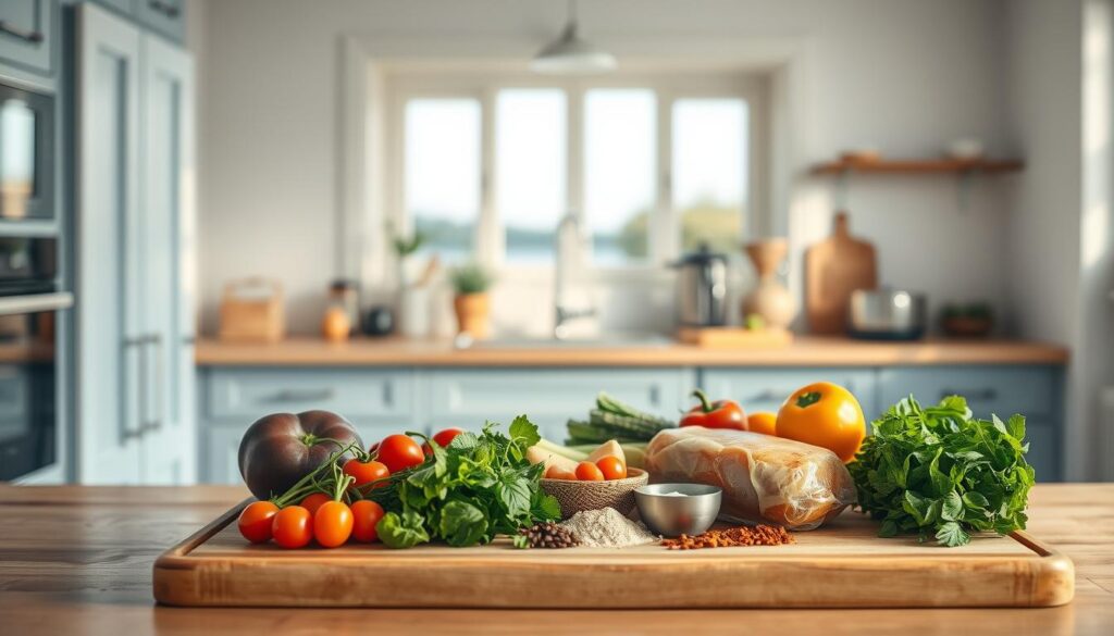 A cozy, minimalist kitchen with wooden textures and light blue accents. In the foreground, various cooking components are neatly arranged on a wooden cutting board - fresh vegetables, herbs, spices, and a selection of proteins. The middle ground showcases a clean, well-lit countertop, with a simple set of cooking tools and appliances. In the background, a window frames a tranquil outdoor scene, creating a sense of natural light and openness. The overall atmosphere is one of simplicity, organization, and a focus on the fundamentals of component-based meal preparation.