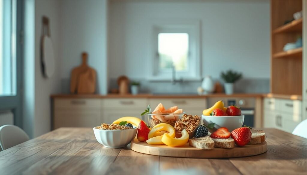 A cozy, minimalist kitchen with wooden textures and light blue accents. In the foreground, a variety of balanced breakfast options are artfully arranged on a wooden table, including fresh fruit, yogurt, granola, and whole grain toast. The lighting is soft and natural, creating a warm and inviting atmosphere. In the middle ground, a small window frames a view of the outdoors, hinting at the start of a new day. The background is clean and uncluttered, allowing the focus to remain on the delectable breakfast spread. The overall mood is one of simplicity, health, and a sense of nourishment to fuel the day ahead.