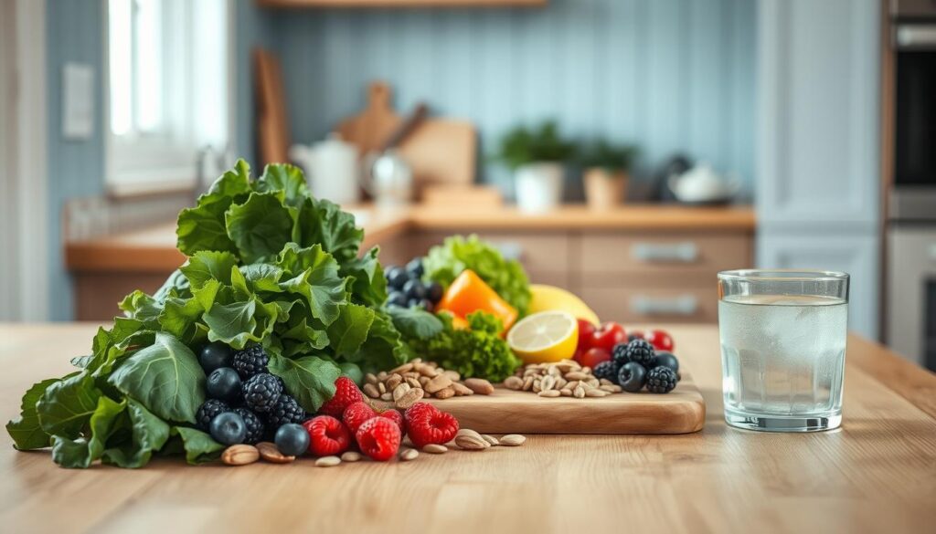 A cozy, minimalist kitchen with wooden textures and light blue accents. In the foreground, a selection of anti-inflammatory superfoods is displayed - leafy greens, berries, nuts, and seeds. The middle ground showcases a cutting board with sliced vegetables, herbs, and a glass of refreshing water. In the background, a soothing, natural light illuminates the scene, evoking a sense of tranquility and wellness. The overall atmosphere conveys the importance of mindful, anti-inflammatory dietary choices for chronic inflammation management in the workplace.