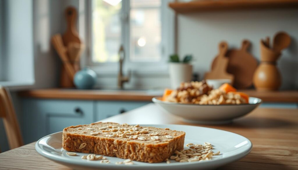 A cozy, minimalist kitchen with wooden textures and light blue accents. In the foreground, a plate of simple carbohydrates - a slice of whole grain bread and a handful of oats. In the middle ground, a plate of complex carbohydrates - quinoa, sweet potato, and brown rice. The background features natural lighting filtering through a window, casting a warm glow over the scene. The overall mood is one of balance, highlighting the role of both simple and complex carbs in sustained energy for the workday ahead.