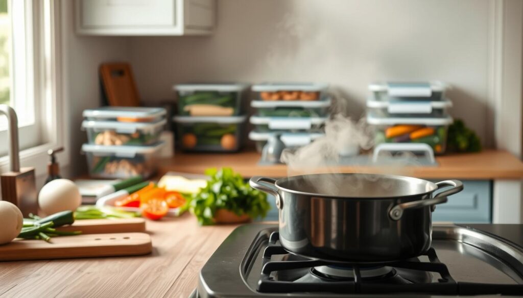 A cozy, minimalist kitchen with wooden textures and light blue accents. In the foreground, a large pot simmers on the stove, steam rising in the soft, natural lighting. On the nearby countertop, an array of freshly chopped vegetables, herbs, and other ingredients wait to be added. In the middle ground, a variety of airtight containers and meal prep containers are neatly arranged, hinting at the benefits of bulk cooking - efficiency, time-saving, and easy portioning. The background features a clean, clutter-free space, emphasizing the calm and organized nature of this meal prep endeavor. The atmosphere is one of simplicity, productivity, and the satisfaction that comes from thoughtful meal planning for a large family.