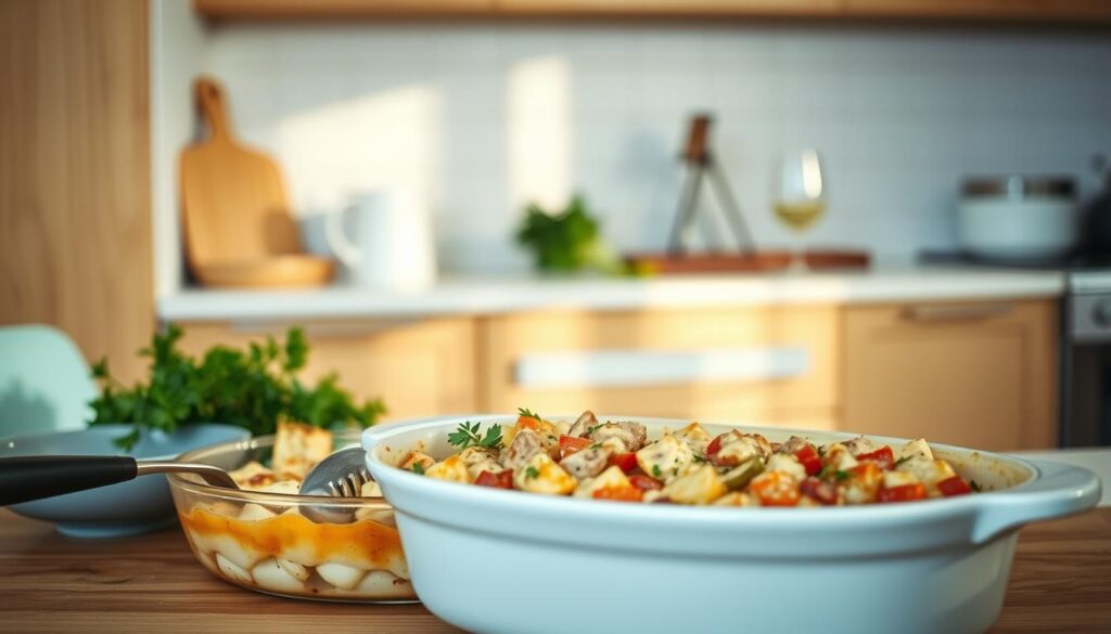A cozy, minimalist kitchen with wooden textures and light blue accents. In the foreground, a casserole dish filled with a hearty, bubbly mix of meat, vegetables, and creamy sauce. The casserole is surrounded by a few essential cooking utensils, conveying a sense of effortless weeknight meal preparation. In the middle ground, a clean, uncluttered countertop with a few fresh herbs and a glass of white wine, hinting at the simple, delicious flavors within. The background features a warm, diffused light, casting a gentle glow over the scene and creating an inviting, cozy atmosphere for this quick and easy weeknight casserole recipe.