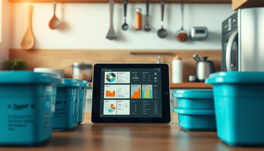 A cozy, minimalist kitchen with wooden textures and light blue accents. In the foreground, a series of neatly organized meal prep containers, each labeled with nutritional data and serving sizes. In the middle ground, a tablet displays interactive visuals and analytics, guiding the user towards personalized, data-driven meal plans. The background features hanging utensils, a spice rack, and a sleek appliance - all contributing to the efficient, technologically-enhanced cooking experience. Warm, soft lighting illuminates the scene, creating an atmosphere of culinary organization and control.