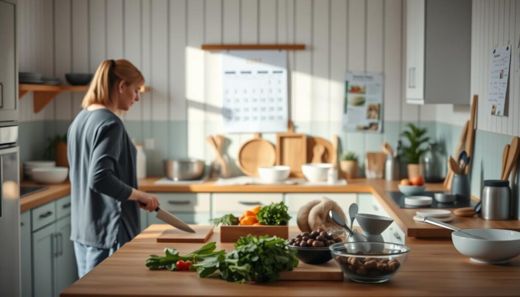 A cozy, minimalist kitchen with wooden textures and light blue accents. In the foreground, a person stands at the counter, chopping vegetables with a sharp knife. The middle ground showcases a range of cooking utensils, bowls, and ingredients, hinting at a transition from prepped meals to daily cooking. In the background, a calendar and notes on the wall suggest a shift from a weekly meal plan to a more fluid, daily routine. Soft, natural lighting illuminates the scene, creating a welcoming atmosphere of change and adaptation.