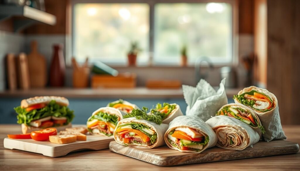 A cozy, minimalist kitchen with wooden textures and light blue accents. In the foreground, an artfully arranged collection of freshly prepared sandwiches and wraps, each one overflowing with vibrant ingredients. The middle ground features a cutting board with sliced breads, leafy greens, and neatly stacked condiments, hinting at the care taken in the preparation. The background softly fades into a serene, natural atmosphere, emphasizing the simple, wholesome nature of these satisfying office meal options. Warm, diffused lighting casts a gentle glow, evoking a sense of comfort and productivity.