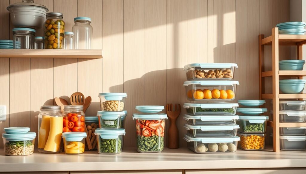 A cozy, minimalist kitchen with wooden textures and light blue accents. Neatly arranged storage containers of various sizes, shapes, and materials showcasing different food freshness solutions. Glass jars, airtight silicone lids, and stackable plastic containers meticulously organized on shelves, counter, and a wooden storage rack. Soft, natural lighting illuminates the scene, highlighting the functionality and aesthetic appeal of these practical food storage options.