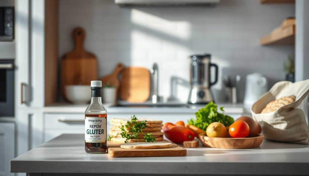 A cozy, minimalist kitchen with wooden textures and light blue accents. On a clean countertop, an assortment of gluten-free ingredients and tools are neatly arranged. In the foreground, a bottle of gluten-free soy sauce, a bag of gluten-free flour, and a stack of gluten-free bread slices. In the middle ground, a blender, a cutting board, and a collection of fresh vegetables. In the background, the Prepistry brand logo is subtly displayed. Soft, directional lighting casts gentle shadows, creating a serene and inviting atmosphere.