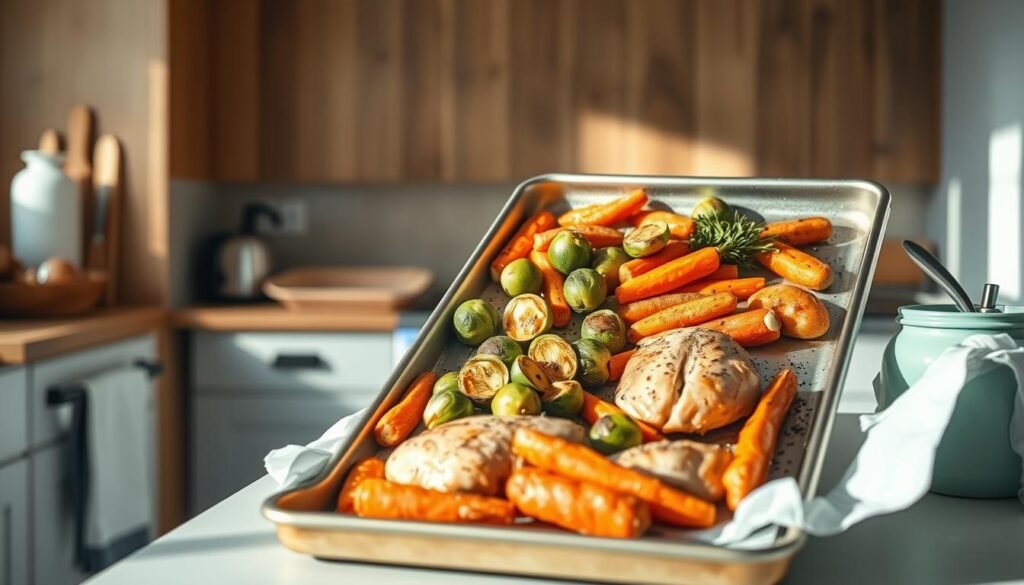 A cozy, minimalist kitchen with wooden textures and light blue accents. On a clean, uncluttered sheet pan, an assortment of fresh, vibrant vegetables - roasted Brussels sprouts, tender carrots, and seasoned chicken thighs. The lighting is soft and natural, casting a warm glow over the scene. The composition is balanced, with the food taking center stage and the simple, unobtrusive kitchen details framing the image. The overall mood is one of effortless, customizable culinary satisfaction.