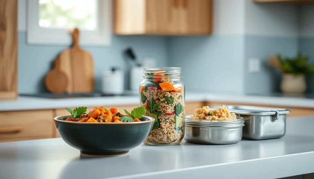 A cozy, minimalist kitchen with wooden textures and light blue accents. On a clean, uncluttered counter, a selection of one-container meals is artfully arranged. A hearty vegetable curry in a ceramic bowl, a refreshing quinoa and roasted vegetable salad in a glass jar, and a creamy chicken and rice dish in a stainless steel container. The lighting is soft and natural, accentuating the vibrant colors and textures of the dishes. The overall scene conveys a sense of simplicity, organization, and healthy, homemade goodness.