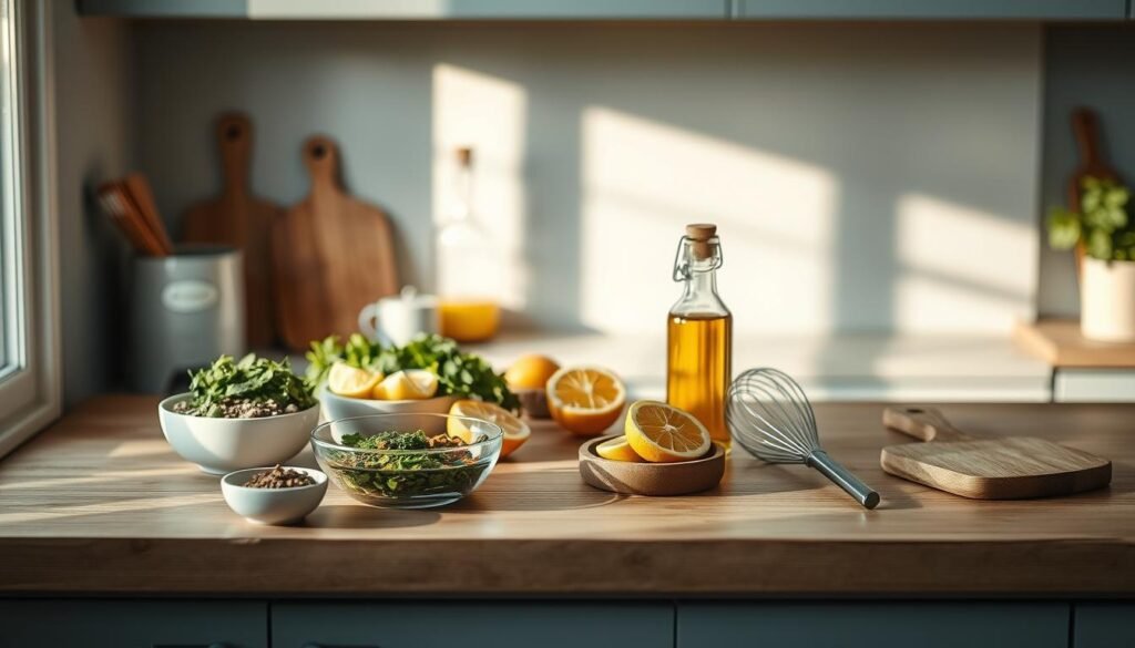 A cozy, minimalist kitchen with wooden textures and light blue accents. On a clean, wooden countertop, various ingredients for marinade preparation are neatly arranged: bowls of herbs, spices, citrus wedges, and a small jar of oil. The natural light from a nearby window casts a warm glow, highlighting the textures and colors. A metal whisk, a wooden spoon, and a small cutting board stand ready, inviting the viewer to engage in the step-by-step process of crafting flavorful marinades. The overall atmosphere is one of simplicity, organization, and the thoughtful preparation of a nourishing meal.
