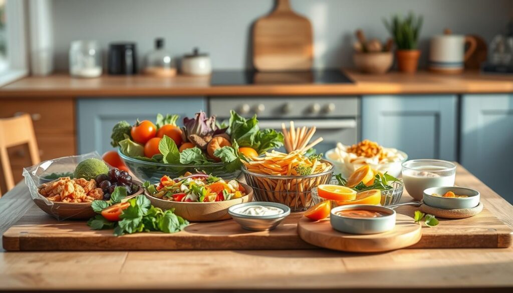 A cozy, minimalist kitchen with wooden textures and light blue accents. On a neatly arranged wooden table, an assortment of healthy, no-heat lunchbox options are artfully displayed. Fresh seasonal produce, vibrant salads, protein-rich snacks, and delectable dips exude an air of culinary expertise. The lighting is soft and natural, casting a warm glow over the scene. The composition is balanced, with the food items taking center stage, inviting the viewer to explore these expert-recommended lunchbox ideas.