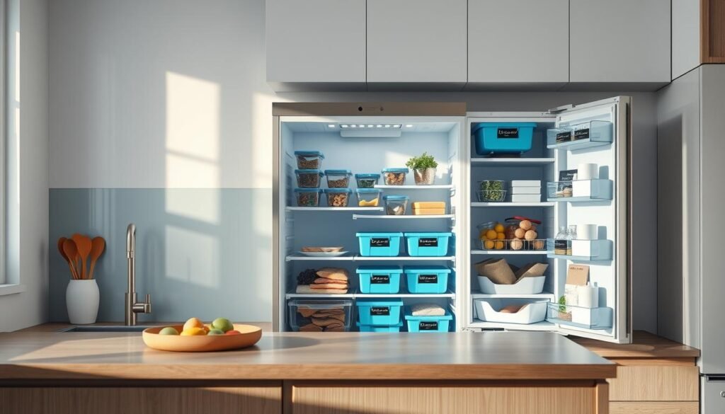 A cozy, minimalist kitchen with wooden textures and light blue accents. On the center countertop, an open refrigerator reveals neatly organized food containers, labeled with dates and contents. Stainless steel shelves hold color-coded bins for produce, proteins, and dairy. A sleek, modern backsplash reflects the soft, natural lighting, creating a serene atmosphere. The scene conveys a sense of efficiency and calm, highlighting essential techniques for maintaining food safety and temperature control in a well-organized cold lunch prep area.