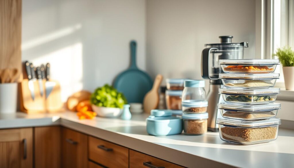A cozy, minimalist kitchen with wooden textures and light blue accents. On the clean countertop, a collection of time-saving tools - a high-quality knife set, a versatile vegetable slicer, and a sleek food processor. The crisp natural lighting casts a warm glow, illuminating the neatly organized spice jars and a stack of reusable meal prep containers. The scene exudes a sense of efficiency and culinary calm, inviting the viewer to discover clever kitchen strategies for effortless meal preparation.