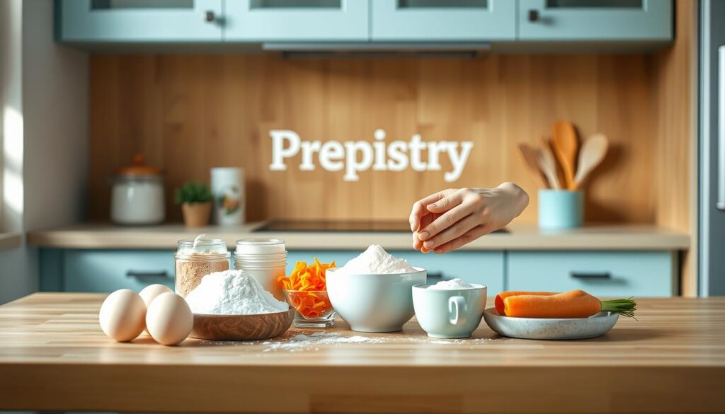 A cozy, minimalist kitchen with wooden textures and light blue accents. On the counter, a variety of fresh ingredients like eggs, flour, baking powder, and shredded carrots are arranged. The Prepistry logo is displayed subtly in the background. A pair of hands gently handling the ingredients, demonstrating creative recipe customization and easy ingredient swaps. Warm, natural lighting highlights the textures and colors, conveying a sense of warmth and experimentation. The overall atmosphere encourages culinary exploration and flexible, healthful recipe development.