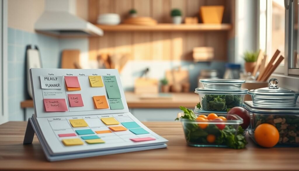 A cozy, minimalist kitchen with wooden textures and light blue accents. On the counter, a weekly meal planner, color-coded with sticky notes, recipes, and a shopping list. Nearby, a collection of glass meal prep containers, fresh produce, and healthy pantry items. A gentle light filters in through the window, casting a warm glow over the organized scene. The atmosphere is one of calm efficiency, reflecting the thoughtful planning required for nourishing, protein-rich lunches throughout the week.