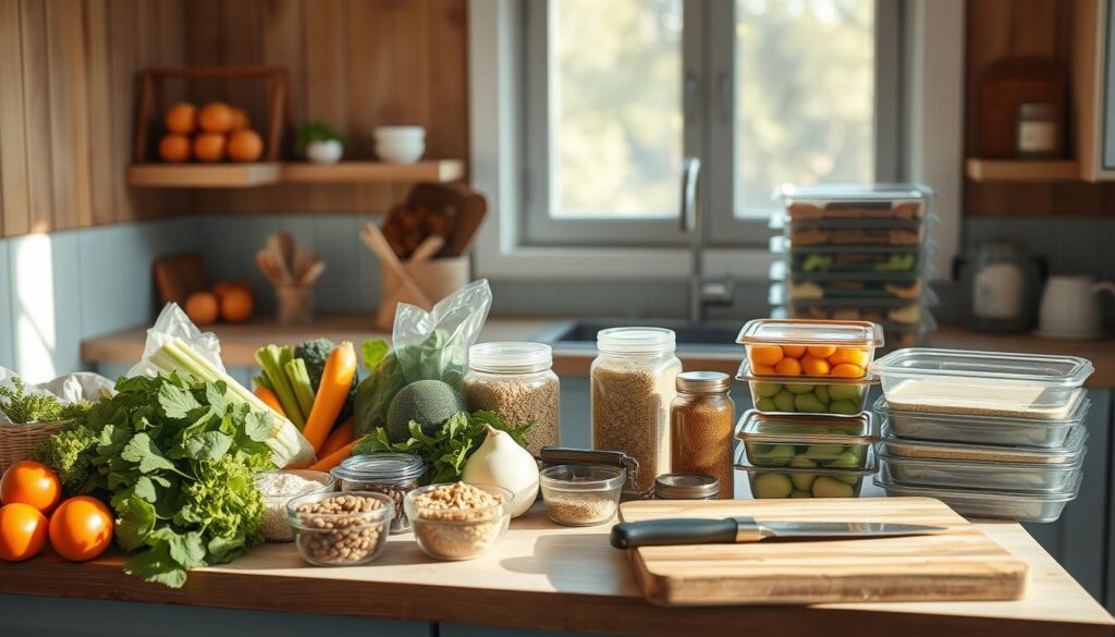 A cozy, minimalist kitchen with wooden textures and light blue accents. On the counter, a variety of budget-friendly ingredients are neatly arranged - fresh vegetables, grains, canned proteins, and simple spices. The light from the large window casts a soft, natural glow, highlighting the simplicity and efficiency of this meal prep setup. Tidy stacks of meal containers and a cutting board with a chef's knife suggest a practical, time-saving approach to preparing nutritious, flavorful meals on a budget.