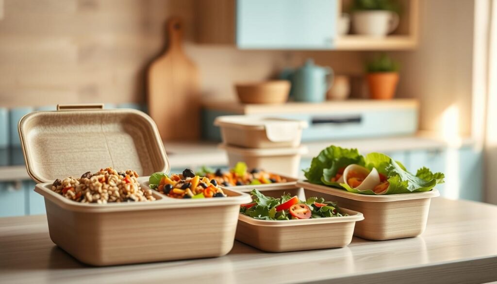 A cozy, minimalist kitchen with wooden textures and light blue accents. On the counter, an assortment of eco-friendly office meal containers made of bamboo or recycled materials. Each container holds a freshly prepared, plant-based dish - a hearty grain salad, a colorful stir-fry, or a nourishing veggie wrap. The lighting is soft and natural, casting a warm glow on the scene. The composition emphasizes the simplicity and sustainability of these homemade, on-the-go meals, perfect for busy professionals seeking a healthy, environmentally-conscious lunch option.