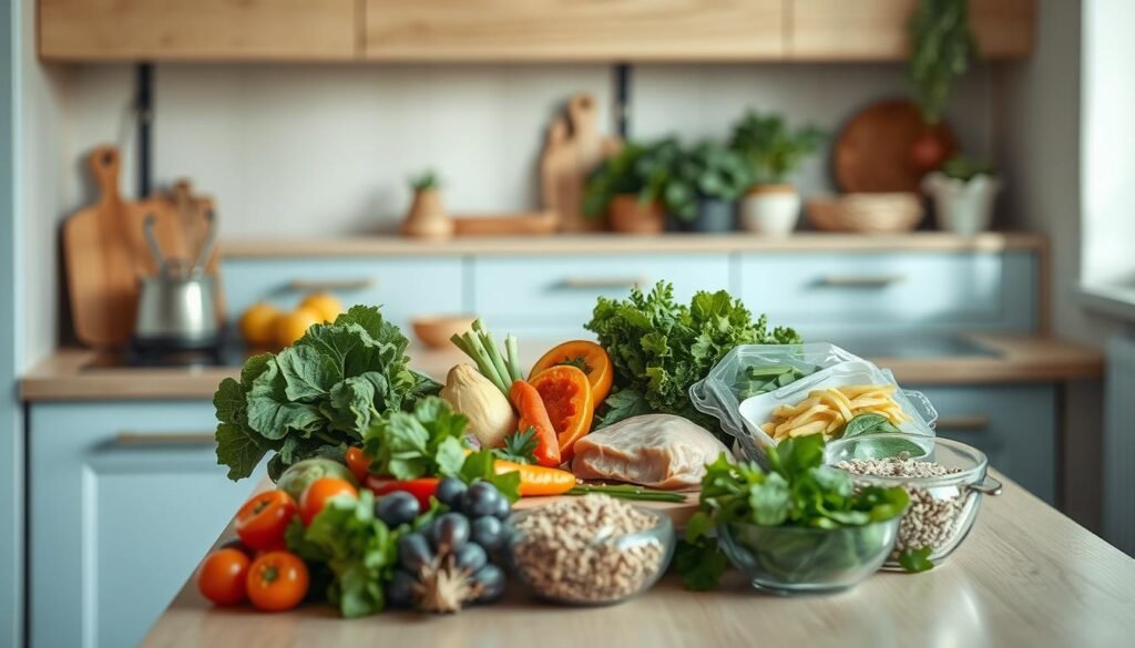 A cozy, minimalist kitchen with wooden textures and light blue accents. On the counter, an array of fresh, vibrant ingredients - leafy greens, colorful vegetables, lean proteins, and whole grains. These elements are carefully arranged to showcase a balanced meal plan, free from processed foods. Soft, natural lighting illuminates the scene, creating a serene, inviting atmosphere. The composition emphasizes the harmony and simplicity of clean eating, inspiring viewers to plan their own nutritious meals for the workweek ahead.
