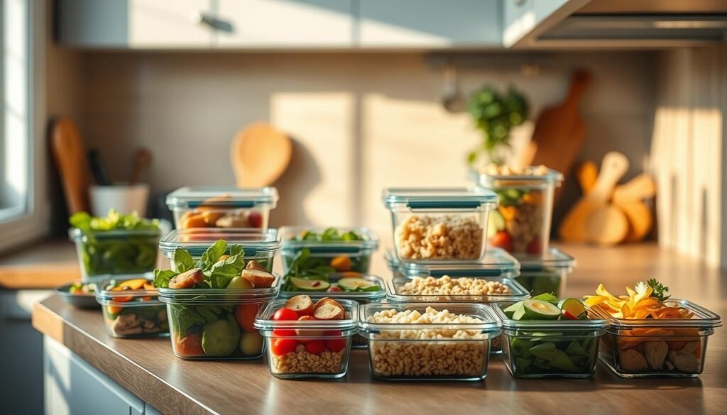 A cozy, minimalist kitchen with wooden textures and light blue accents. On the counter, an assortment of glass containers filled with a variety of fresh, colorful ingredients - roasted vegetables, grilled chicken, quinoa, and hearty salads. The scene exudes an atmosphere of organized efficiency, with a focus on healthy, delicious meal prep strategies for busy office professionals. The lighting is warm and natural, casting a soft glow over the scene, inviting the viewer to imagine the satisfying lunches that can be assembled from these well-prepared components.