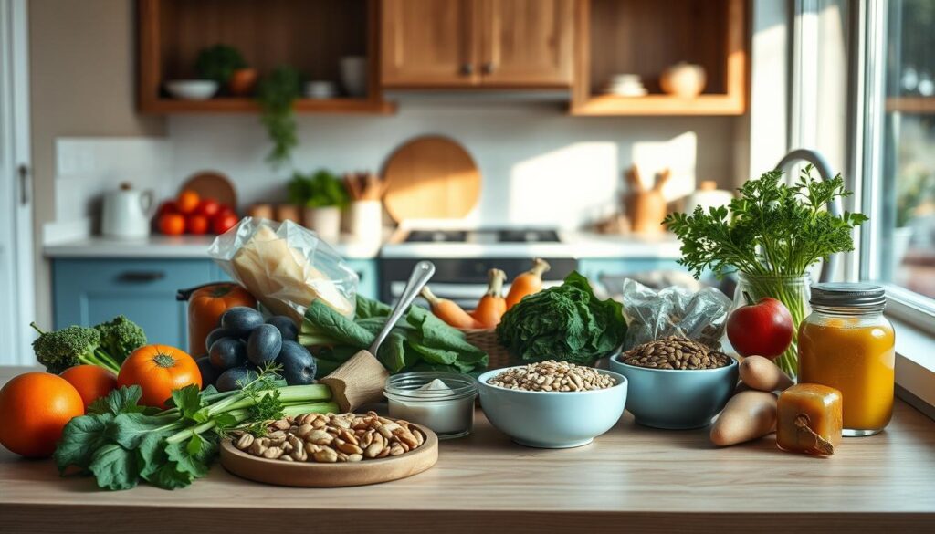 A cozy, minimalist kitchen with wooden textures and light blue accents. On the counter, an assortment of paleo-friendly ingredients - fresh vegetables, lean protein, nuts, and seeds. The lighting is soft and natural, casting a warm glow over the scene. The camera angle is slightly overhead, capturing the ingredients in an organized, still-life composition. The mood is one of simplicity, health, and a dedication to wholesome, unprocessed foods. This image encapsulates the principles of the paleo meal prep lifestyle, ready to inspire the reader to embrace a more natural, nourishing approach to their daily meals.