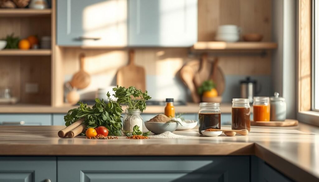A cozy, minimalist kitchen with wooden textures and light blue accents. On the counter, various ingredients and kitchen utensils are arranged artistically, suggesting possibilities for recipe customization. A trio of fresh herbs, a scatter of spices, and a selection of sauces or condiments invite the viewer to explore creative flavor combinations. The lighting is soft and warm, casting gentle shadows that add depth and dimension to the scene. The overall mood is one of culinary inspiration and personal expression, inviting the viewer to imagine the myriad ways a standard recipe can be customized to suit their unique taste preferences.