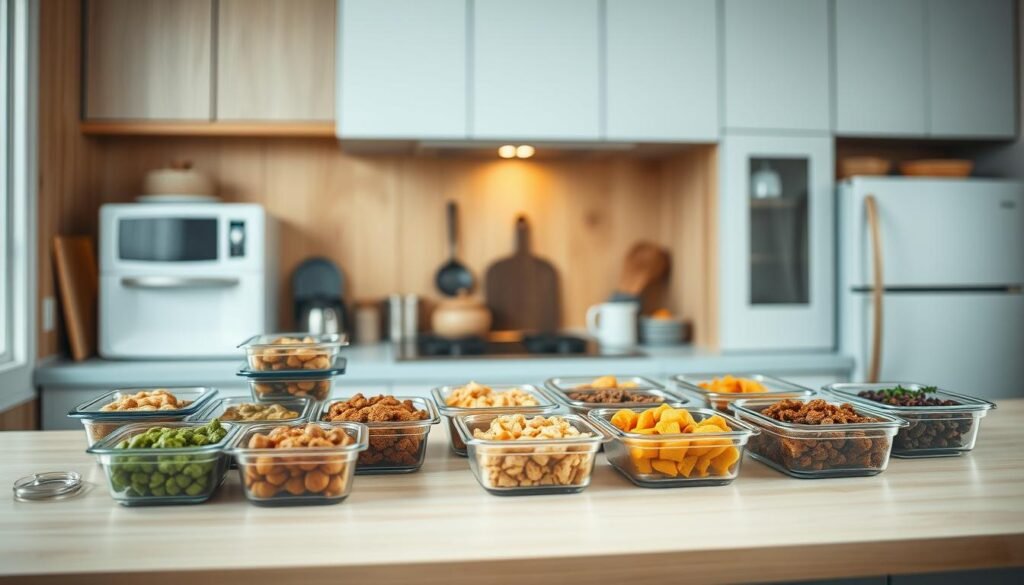 A cozy, minimalist kitchen with wooden textures and light blue accents. On the countertop, a variety of meal prep containers filled with freshly cooked food, neatly arranged. Overhead, a soft, diffused light illuminates the scene, highlighting the rich textures of the ingredients. In the background, a few simple kitchen tools and appliances, suggesting an efficient, time-saving workflow. The atmosphere is one of calm organization, inviting the viewer to imagine the satisfying results of batch cooking techniques.