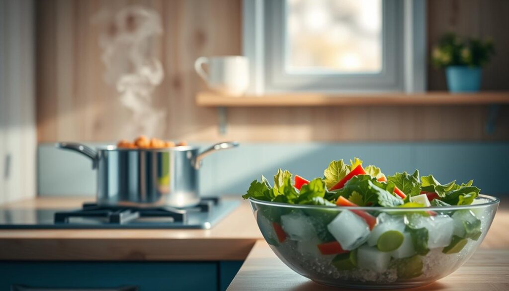 A cozy, minimalist kitchen with wooden textures and light blue accents. On the countertop, a saucepan simmers with a perfectly cooked meal, steam rising gently. Next to it, a bowl of freshly prepared salad chills in an ice bath, preserving its crisp texture and vibrant colors. The scene conveys a sense of care and attention to safe cooking and cooling practices, creating a visually appealing and appetizing atmosphere.