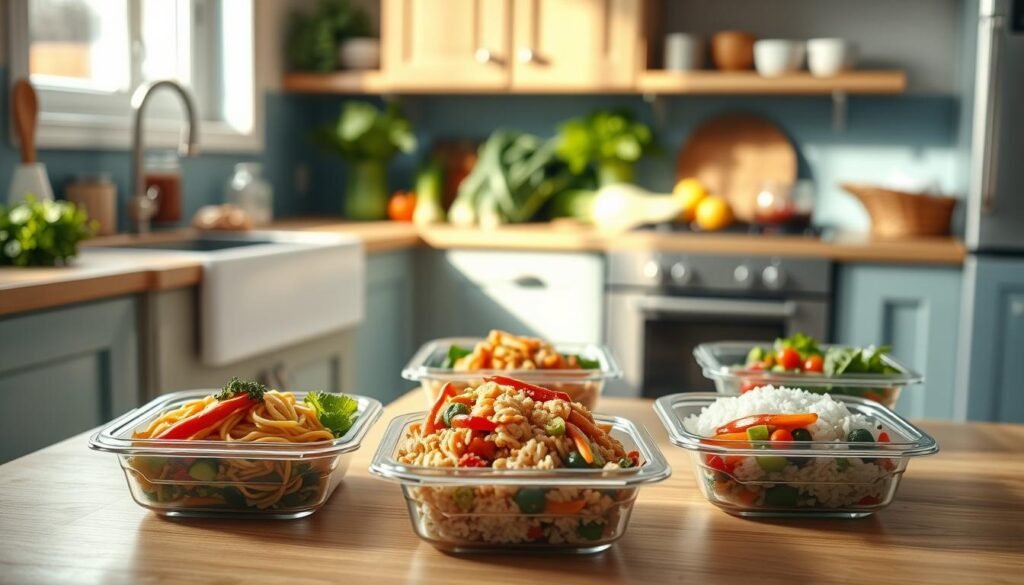 A cozy, minimalist kitchen with wooden textures and light blue accents. On the countertop, an array of fresh Asian ingredients - crisp vegetables, aromatic herbs, and a selection of sauces and spices. In the foreground, a series of small meal prep containers, each filled with a delicious and nutritious Asian-inspired dish - stir-fried noodles, steamed rice, and colorful vegetable medleys. Soft, natural lighting illuminates the scene, casting warm shadows and highlighting the vibrant colors. The overall atmosphere is one of simplicity, efficiency, and the promise of a wholesome, flavorful meal prepared with care.